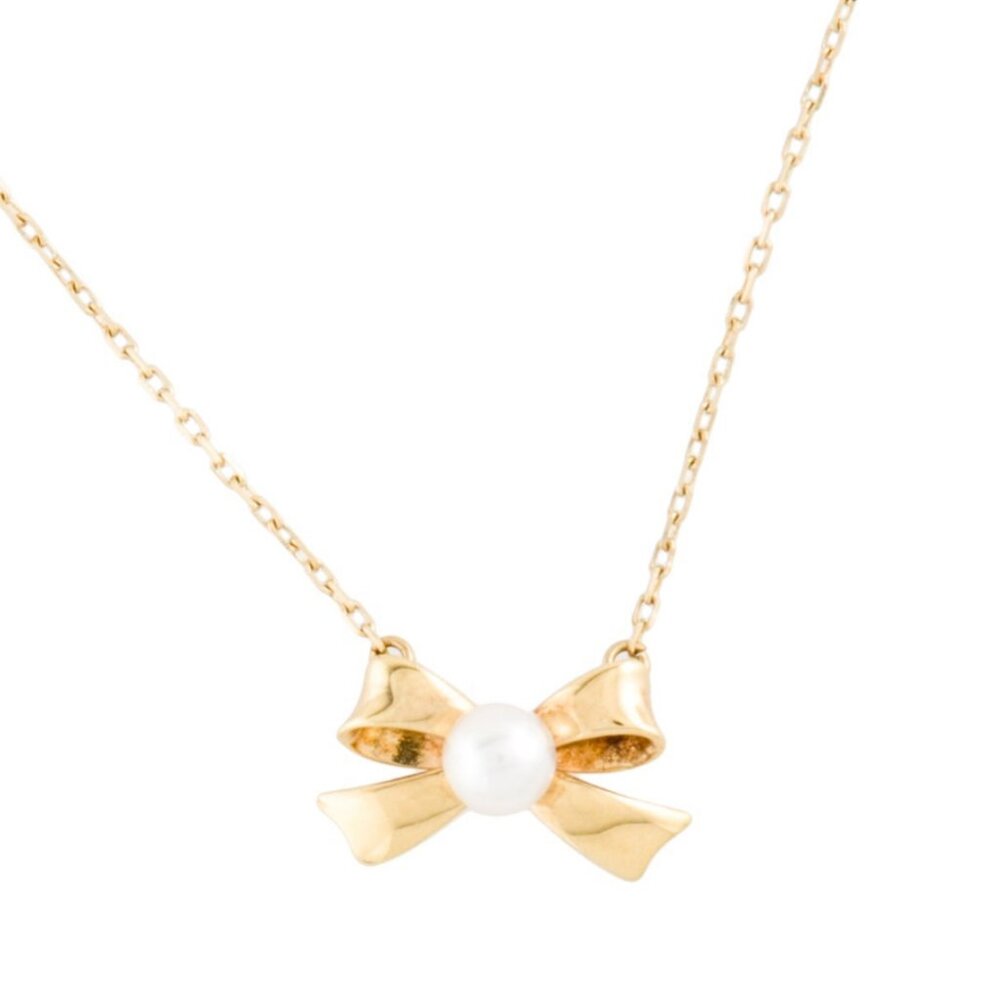 MIKIMOTO 18K 750 YELLOW GOLD CULTURED PEARL BOW PENDANT NECKLACE - Picture 8 of 9